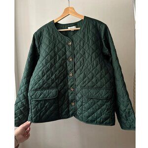 Y2K Green Quilted Jacket with Pockets | Vintage Boxy Crewneck Light Jacket